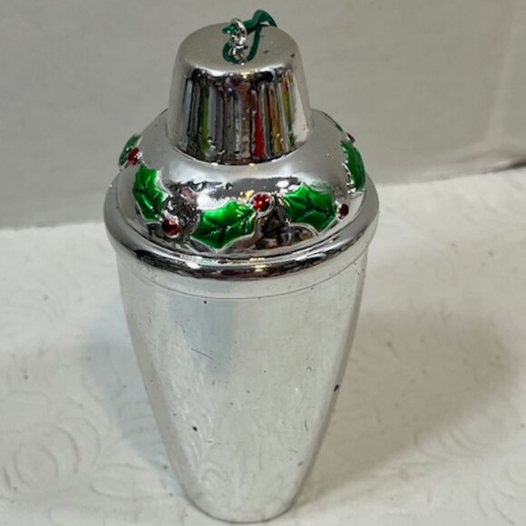 VTG Silver Cocktail Shaker Holly Berries Christmas Holiday Tree Ornament 4"x2" - Picture 2 of 9
